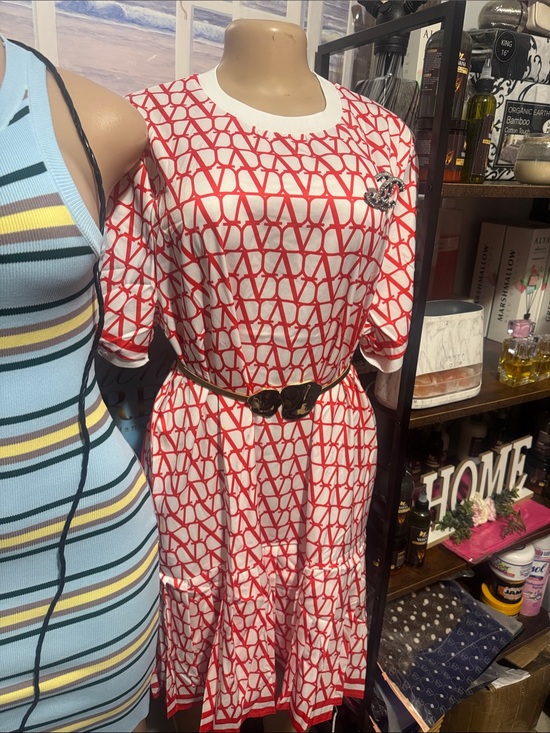 Dresses & Skirts - Red & White Geometric Midi Dress with Decorative Brooch